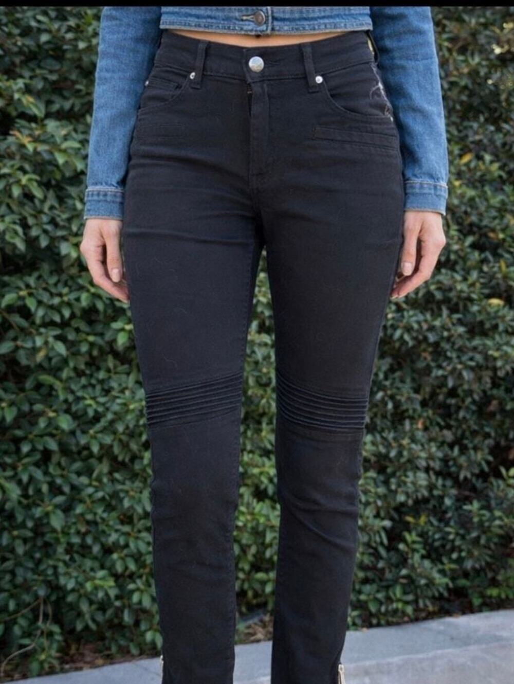 H&M Straight-Leg Pants US 10 Stretchy Fit with Ankle Zippers Ribbed Black Emo